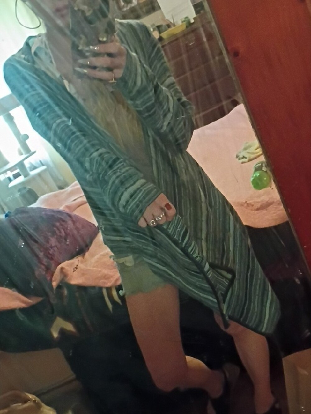 Striped Open-Front Draped Cardigan in Teal Blue